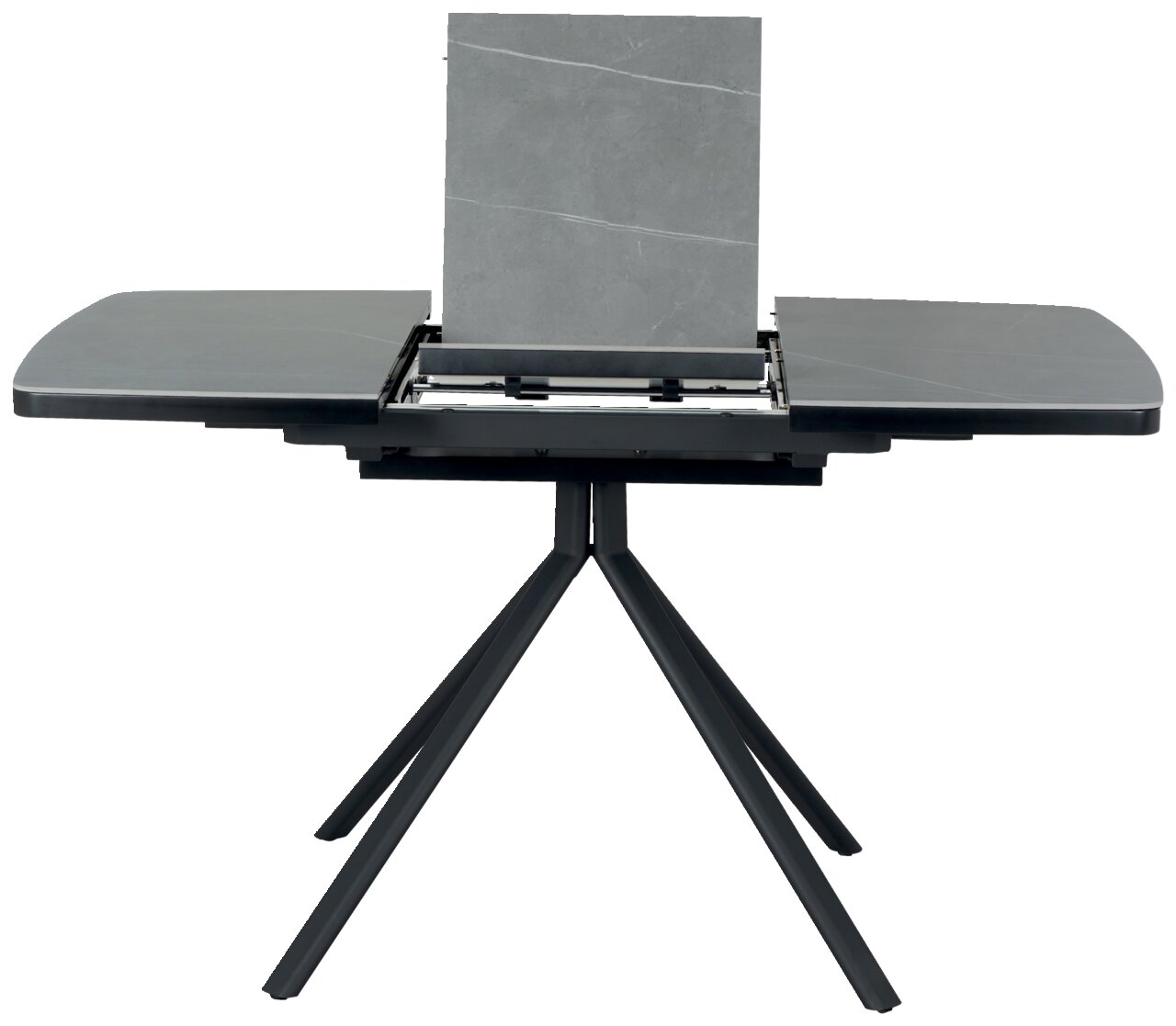 Moderne eettafel met uitschuifbaar blad, gezien vanaf de voorkant.