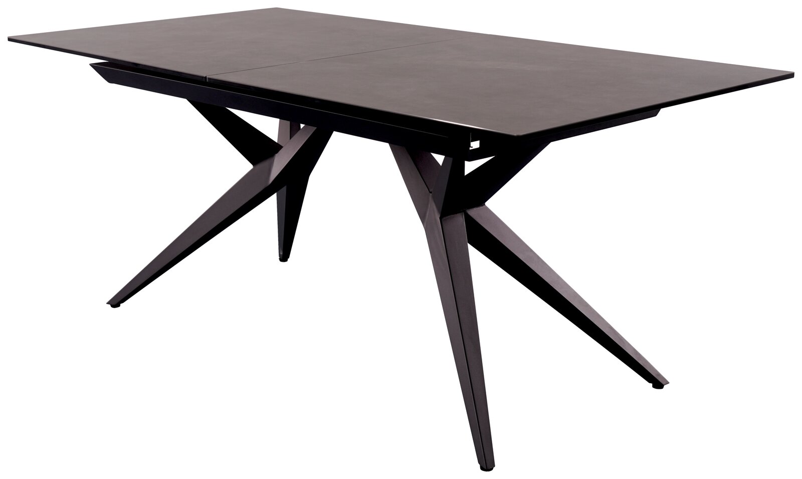 Moderner Esstisch mit schwarzer Tischplatte und geometrischen Beinen, seitliche Perspektive