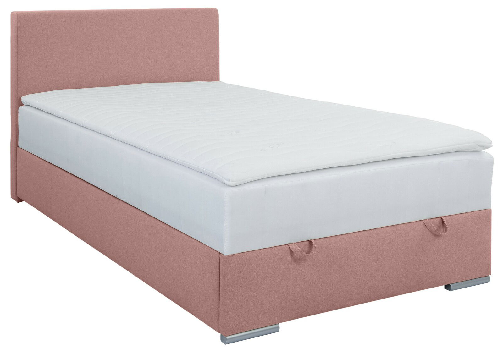 Boxbett 120 in Rosa, seitliche Perspektive, mit gepolstertem Kopfteil und weißer Matratze.