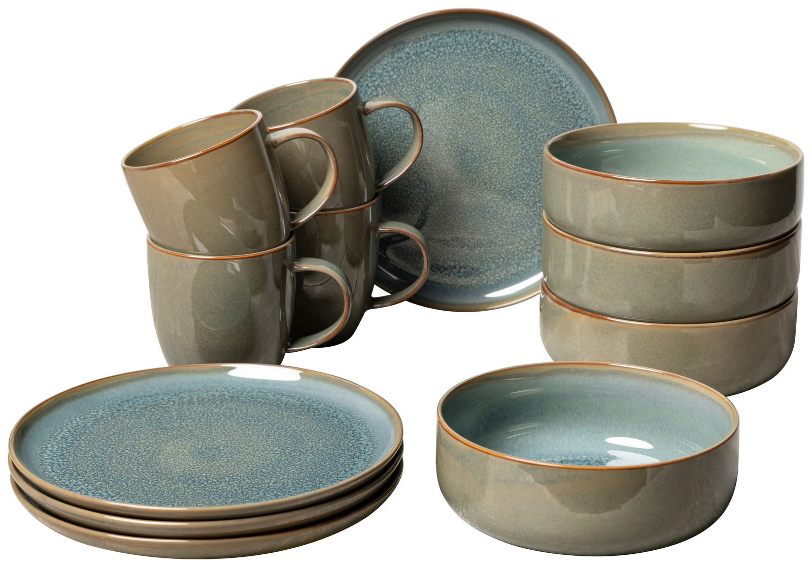 Like by Villeroy & Boch Frühstücksset 12-tlg. CRAFTED BREEZE Frühstücksset 12-tlg. Breeze in grüner Keramik mit Tassen, Tellern und Schalen, seitliche Perspektive