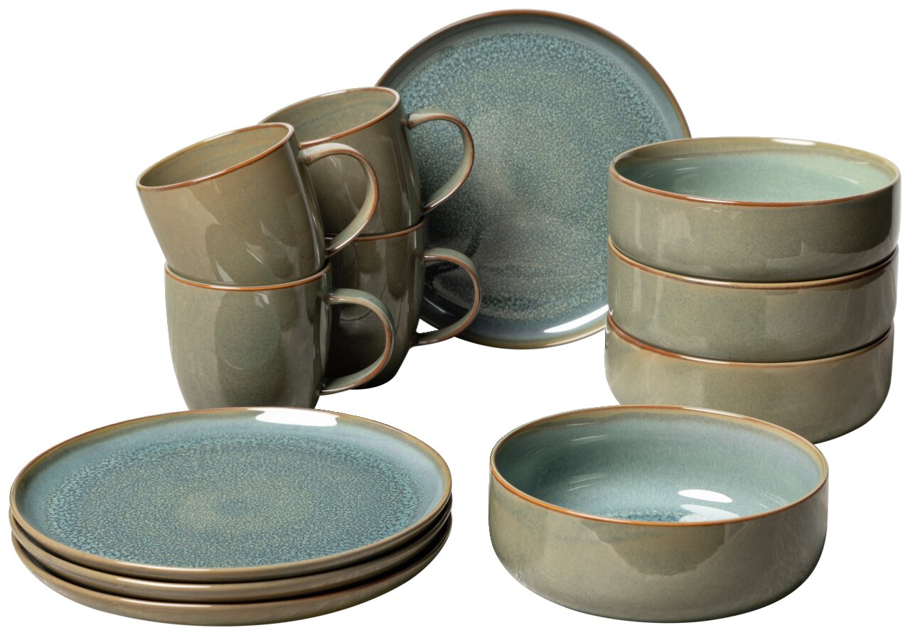 Like by Villeroy & Boch Frühstücksset 12-tlg. CRAFTED BREEZE Frühstücksset 12-tlg. Breeze in grüner Keramik mit Tassen, Tellern und Schalen, seitliche Perspektive