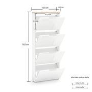 Weißer Schuhschrank mit vier Klappen, Maße 162 cm hoch, 65 cm breit, 19,2 cm tief, seitliche Perspektive