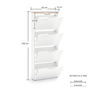 Weißer Schuhschrank mit vier Klappen, Maße 162 cm hoch, 65 cm breit, 19,2 cm tief, seitliche Perspektive