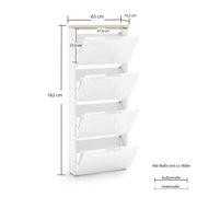 Weißer Schuhschrank mit vier Klappen, Maße 162 cm hoch, 65 cm breit, 19,2 cm tief, seitliche Perspektive
