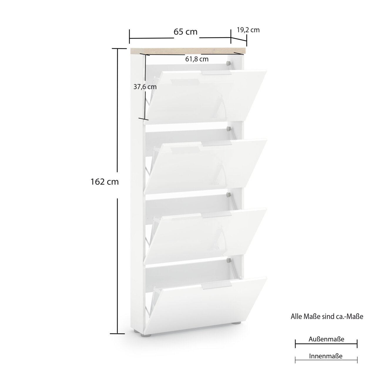 Weißer Schuhschrank mit vier Klappen, Maße 162 cm hoch, 65 cm breit, 19,2 cm tief, seitliche Perspektive
