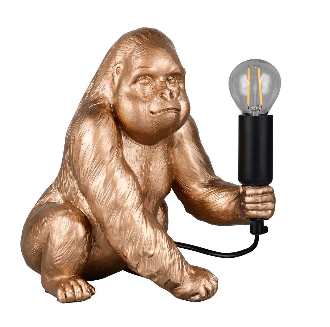 Goldene Tischleuchte in Form eines Gorillas, der eine Glühbirne in der Hand hält. Frontalansicht.