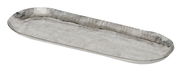 Silbernes, längliches Tablett aus Aluminium mit gehämmerter Oberfläche, seitliche Perspektive