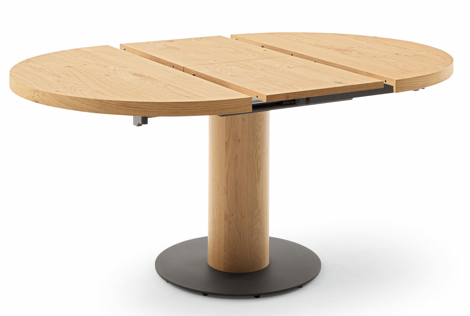 Runder Esstisch aus Holz mit ausziehbarer Tischplatte, zylindrischem Standfuß und schwarzem Sockel, seitliche Perspektive