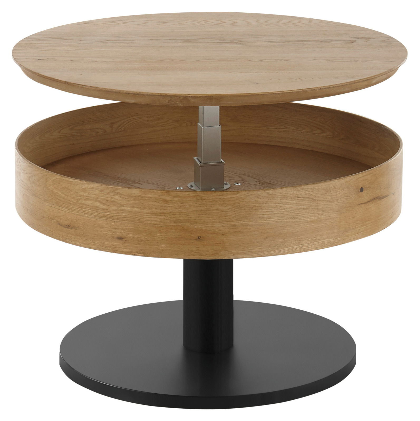 Runder Couchtisch aus Holz mit verstellbarer Tischplatte, seitliche Perspektive