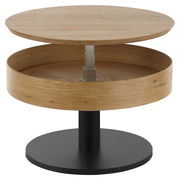 Runder Couchtisch aus Holz mit verstellbarer Tischplatte, seitliche Perspektive