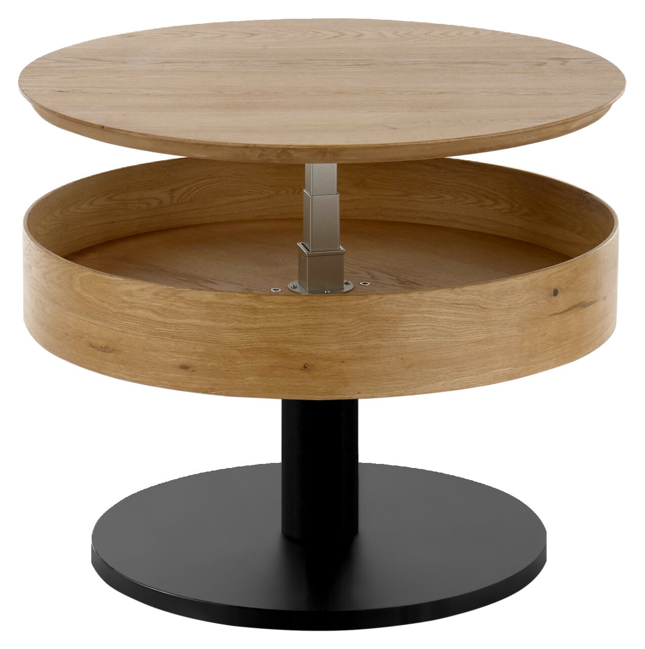 Runder Couchtisch aus Holz mit verstellbarer Tischplatte, seitliche Perspektive