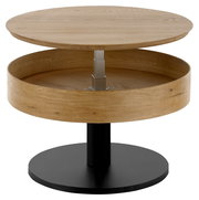 Runder Couchtisch aus Holz mit verstellbarer Tischplatte, seitliche Perspektive