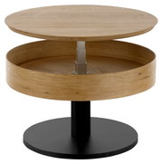 Ronde houten salontafel met verstelbaar tafelblad, zijaanzicht