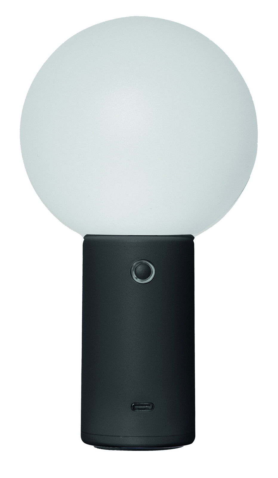 Moderne Akku-Tischleuchte mit kugelförmigem Leuchtkörper und zylindrischem Sockel, Frontalansicht