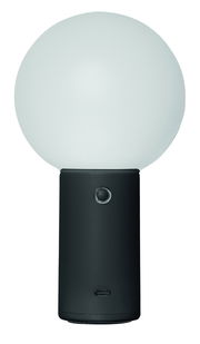 Moderne Akku-Tischleuchte mit kugelförmigem Leuchtkörper und zylindrischem Sockel, Frontalansicht