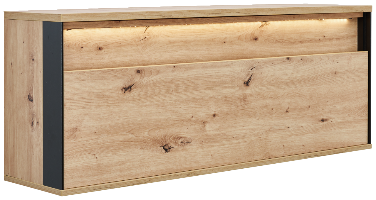 Hängeschrank aus Holz mit LED-Beleuchtung, seitliche Perspektive