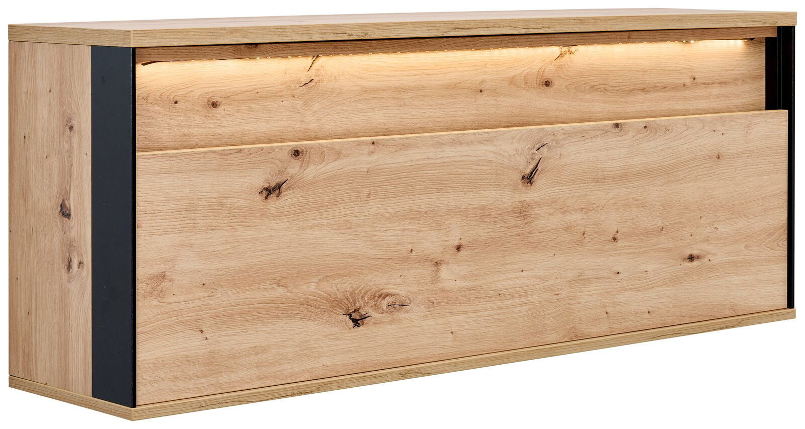 Voleo Hängeschrank Hängeschrank aus Holz mit LED-Beleuchtung, seitliche Perspektive