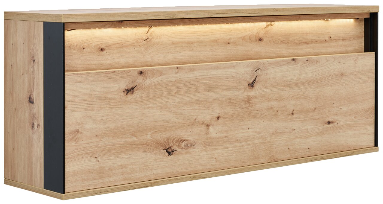 Hängeschrank aus Holz mit LED-Beleuchtung, seitliche Perspektive