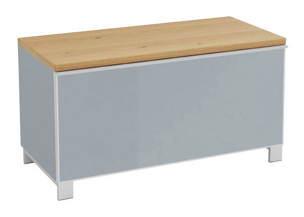 Garderobenbank VOSS VORTINA in seitlicher Perspektive, mit hellem Holzdeckel und grauer Front.