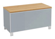 Garderobenbank VOSS VORTINA in seitlicher Perspektive, mit hellem Holzdeckel und grauer Front.