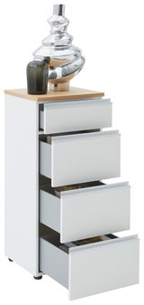 Weiße Schubkastenkommode mit vier offenen Schubladen, darauf eine silberne und eine dunkle Vase, seitliche Perspektive