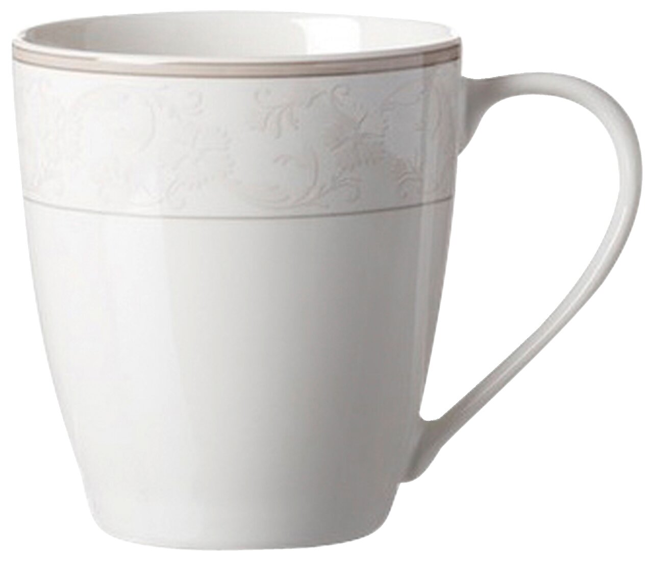 Weißer Kaffeebecher Isabella 350ml mit elegantem Reliefmuster, seitliche Perspektive