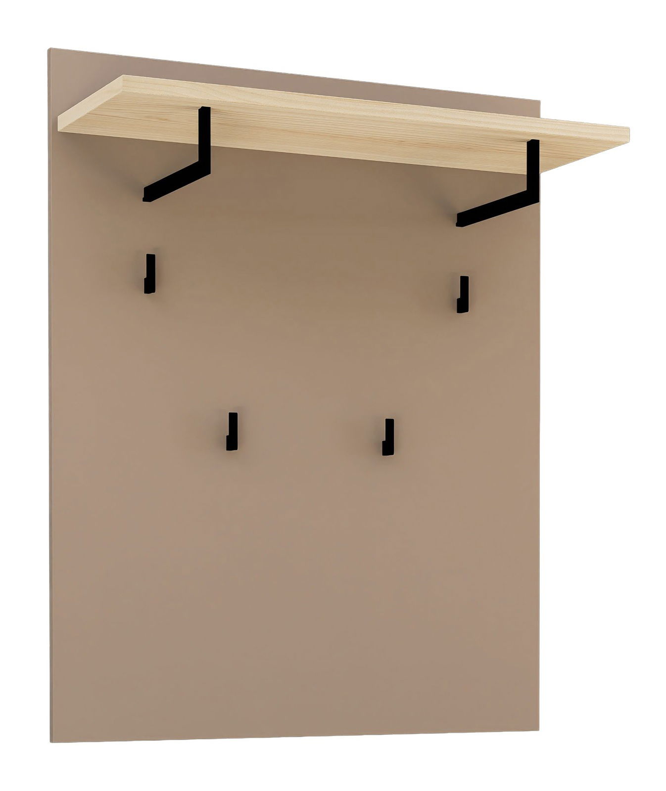 Garderobenpaneel mit Holzablage und schwarzen Haken, seitliche Perspektive