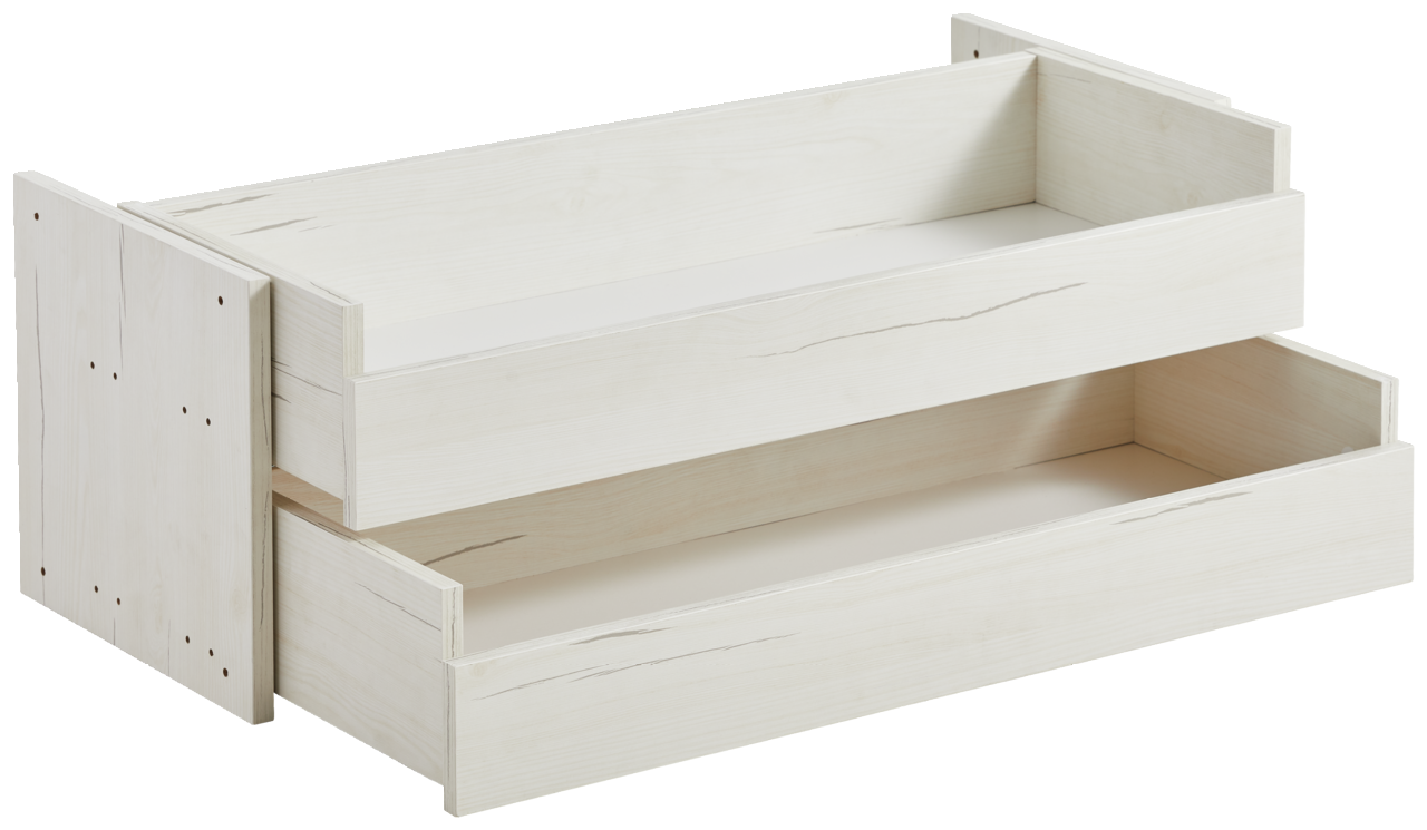 Zwei übereinanderliegende Schubladen in hellem Holzdesign, seitliche Perspektive