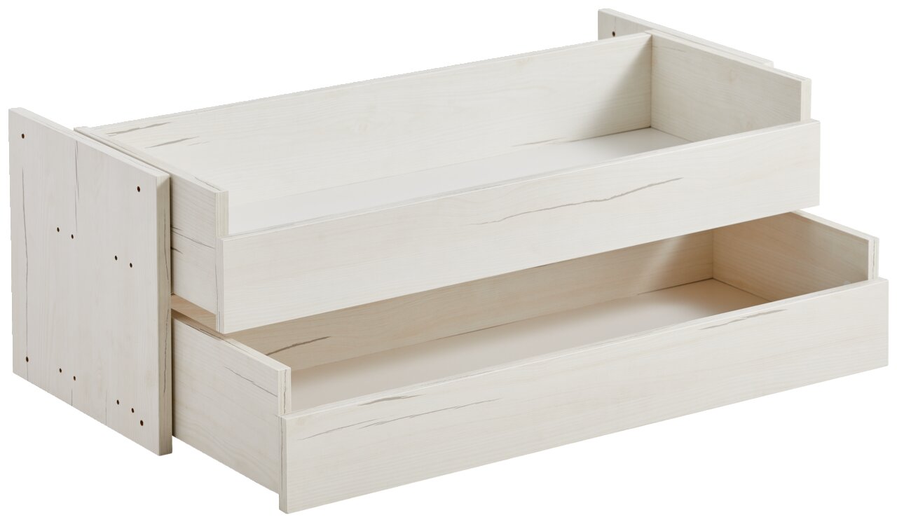 Zwei übereinanderliegende Schubladen in hellem Holzdesign, seitliche Perspektive