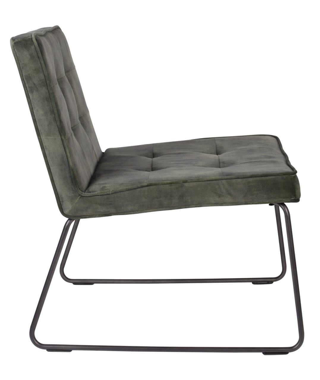 Seitenansicht eines modernen Loungesessels mit grünem Polster und schwarzem Metallgestell.