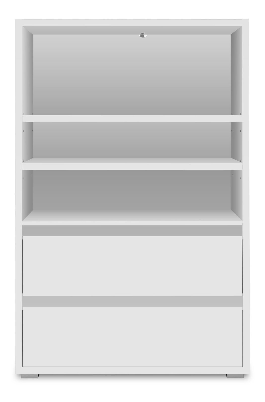 Weißes Regal mit zwei offenen Fächern und zwei Schubladen, frontale Ansicht