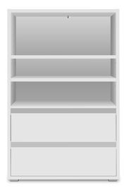 Weißes Regal mit zwei offenen Fächern und zwei Schubladen, frontale Ansicht