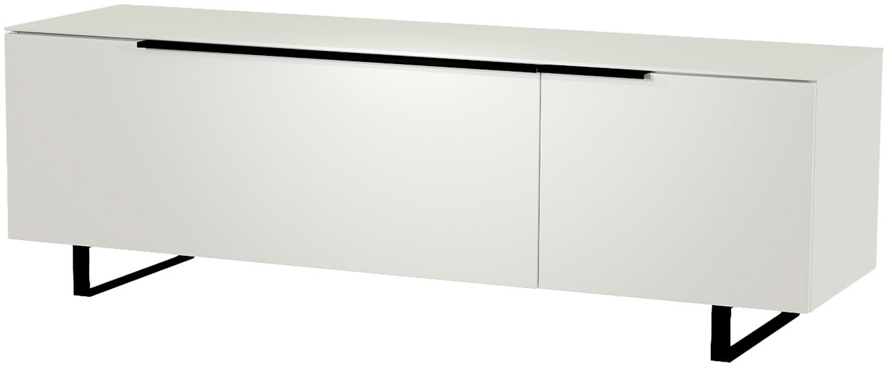 Weißes TV-Lowboard mit zwei Türen und schwarzen Metallbeinen, seitliche Perspektive