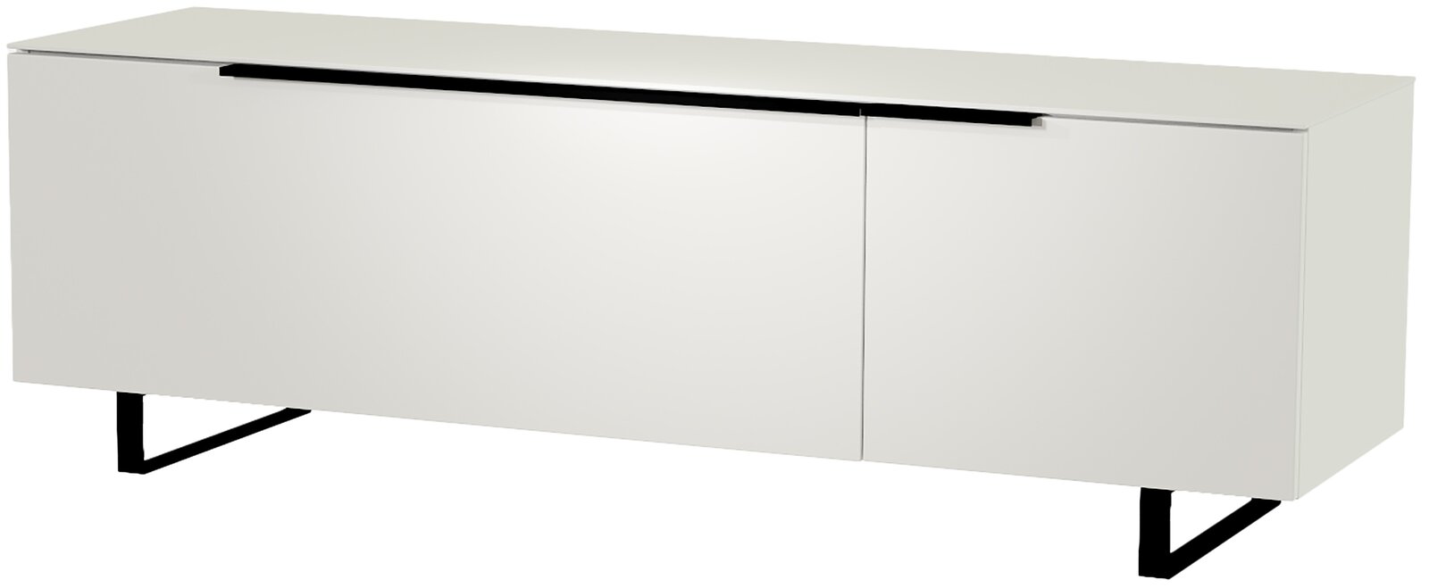 Weißes TV-Lowboard mit zwei Türen und schwarzen Metallbeinen, seitliche Perspektive