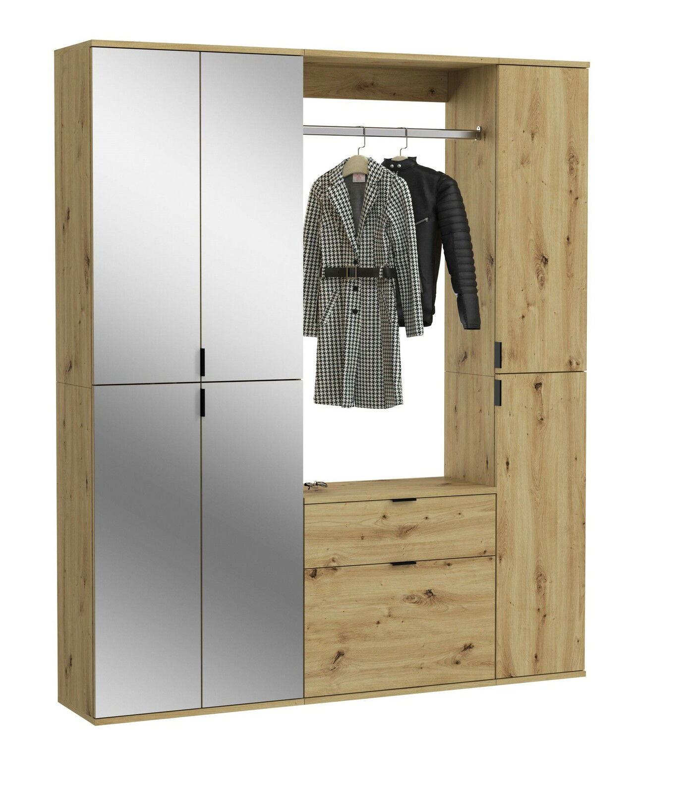 Garderobenkombination aus Holz mit Spiegeln, Kleiderstange und Schubladen, frontale Ansicht