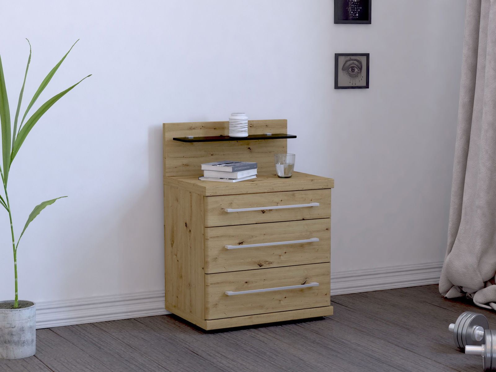 Venda Nachtkonsolen Paneel MAINAU 2 Holz-Nachtkonsole mit drei Schubladen und einem Regalbrett, seitliche Perspektive