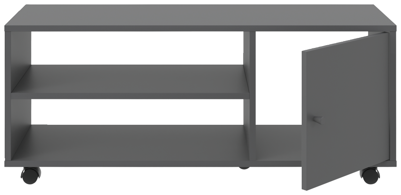 Grauer TV-Rollwagen mit zwei offenen Regalfächern und einer Tür, auf Rollen, Frontalansicht.