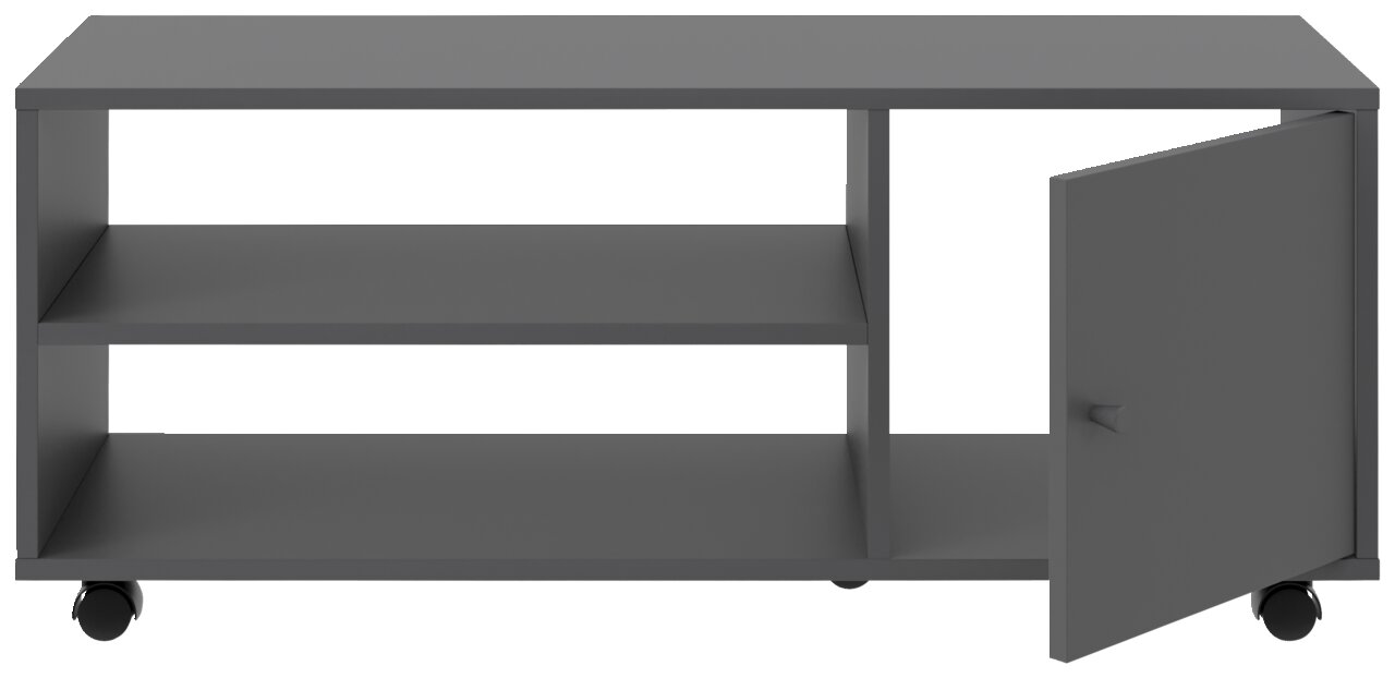 Grauer TV-Rollwagen mit zwei offenen Regalfächern und einer Tür, auf Rollen, Frontalansicht.
