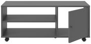 Grauer TV-Rollwagen mit zwei offenen Regalfächern und einer Tür, auf Rollen, Frontalansicht.