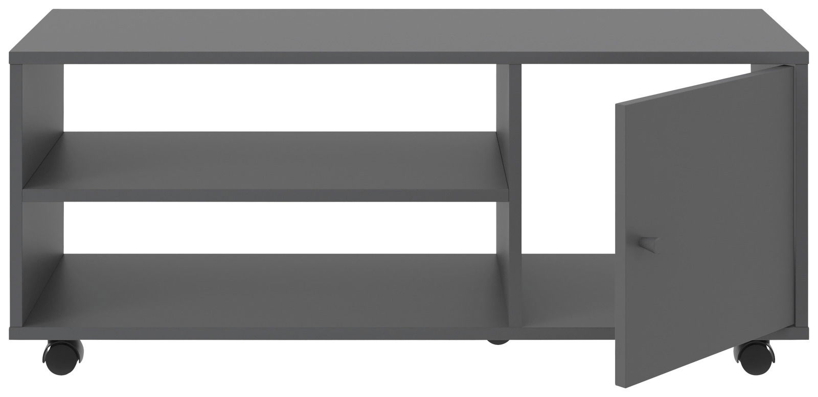 Grauer TV-Rollwagen mit zwei offenen Regalfächern und einer Tür, auf Rollen, Frontalansicht.