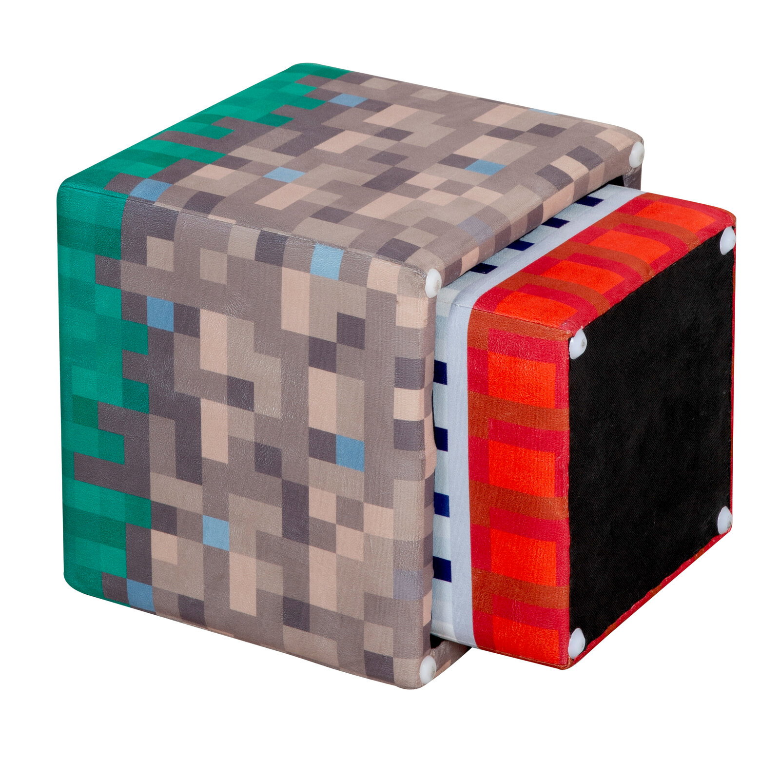 Twee kubusvormige, gestoffeerde poefjes in een pixelachtig Minecraft-ontwerp (grijs-groen en rood-zwart) op een witte achtergrond, schuin van voren/bovenaf gefotografeerd.