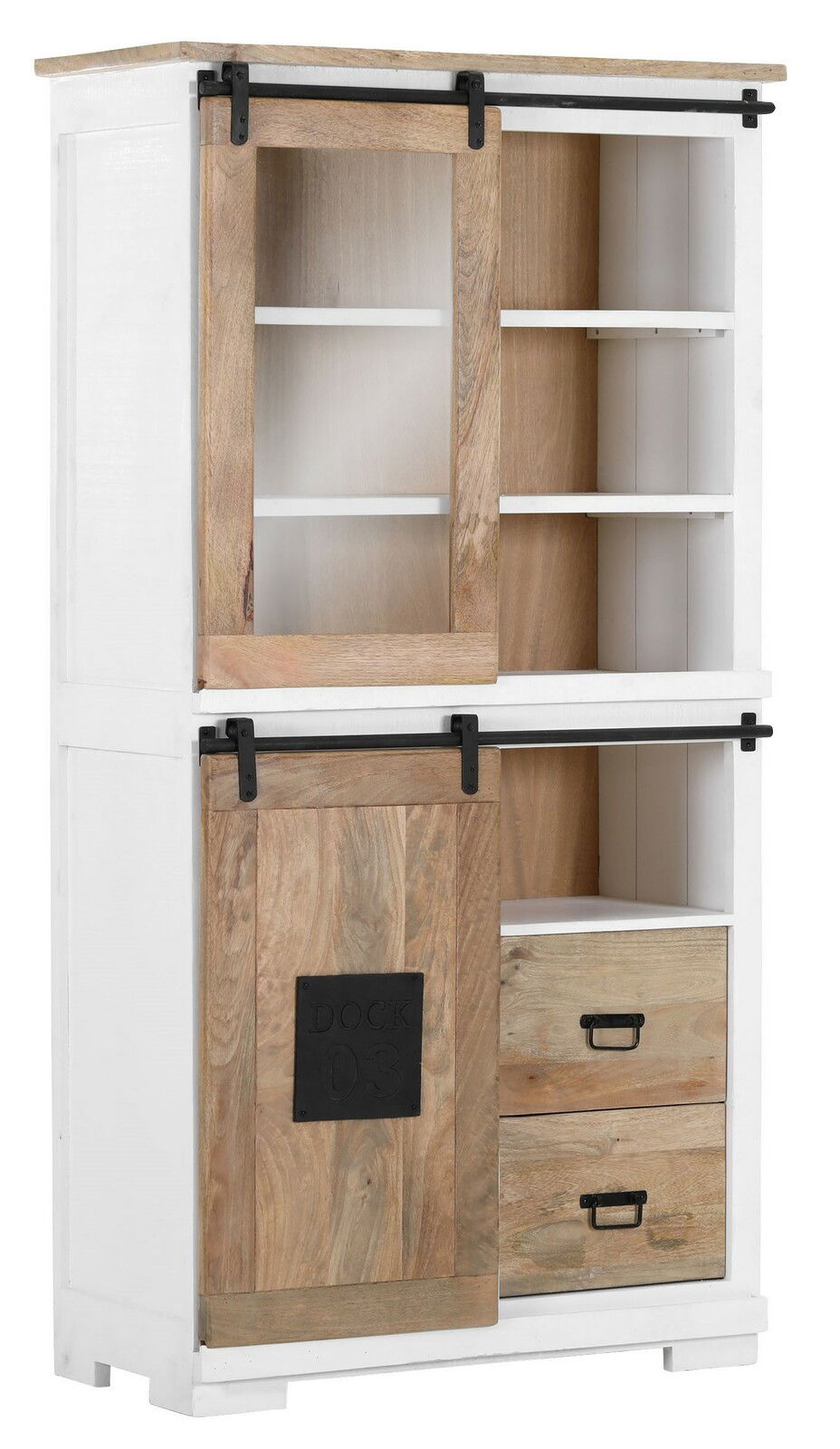 Vitrine im Landhausstil mit Schiebetüren aus Holz, seitliche Perspektive