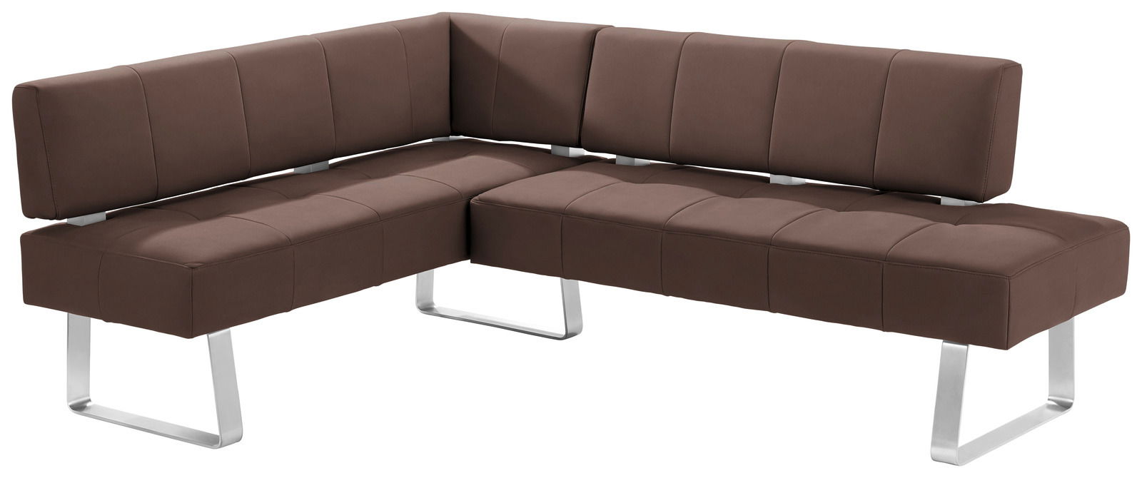 Braune Eckbank mit modernem Design und Metallbeinen, seitliche Perspektive