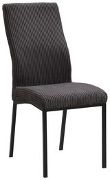 Moderner Stuhl mit geripptem Stoffbezug in dunklem Grau, seitliche Perspektive