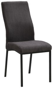 Moderner Stuhl mit geripptem Stoffbezug in dunklem Grau, seitliche Perspektive