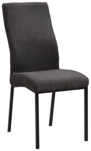 Moderner Stuhl mit geripptem Stoffbezug in dunklem Grau, seitliche Perspektive