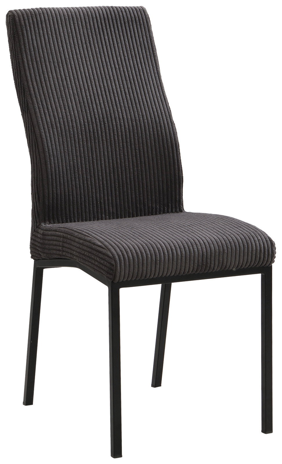 Moderner Stuhl mit geripptem Stoffbezug in dunklem Grau, seitliche Perspektive