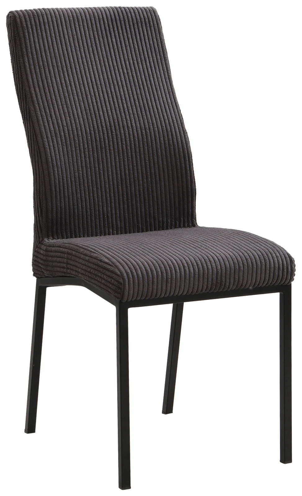 Moderner Stuhl mit geripptem Stoffbezug in dunklem Grau, seitliche Perspektive
