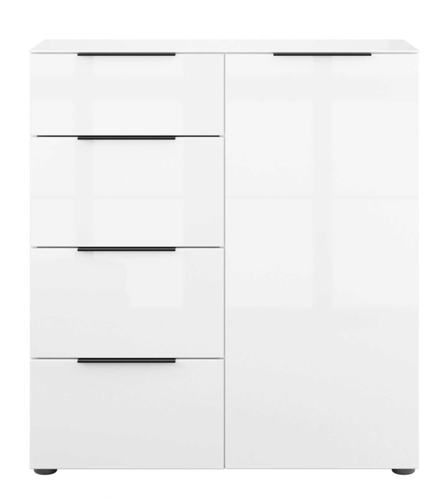 Weiße Kommode mit drei Schubladen und einer Tür, frontale Ansicht