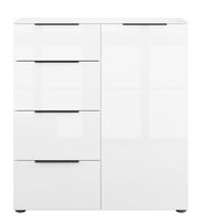 Weiße Kommode mit drei Schubladen und einer Tür, frontale Ansicht